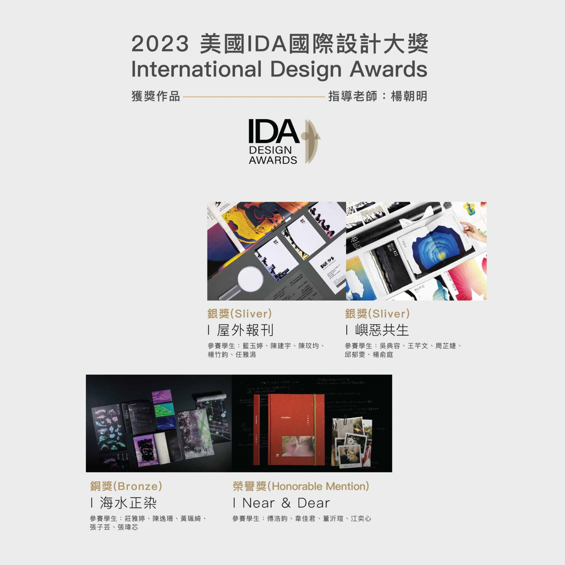 Congratulations! Prof. Chao-Ming Yang guided students to participate in the International Design Award and they were awarded the Received 2 Silver Awards、1 Bronze Award、1 Honorable Mention!