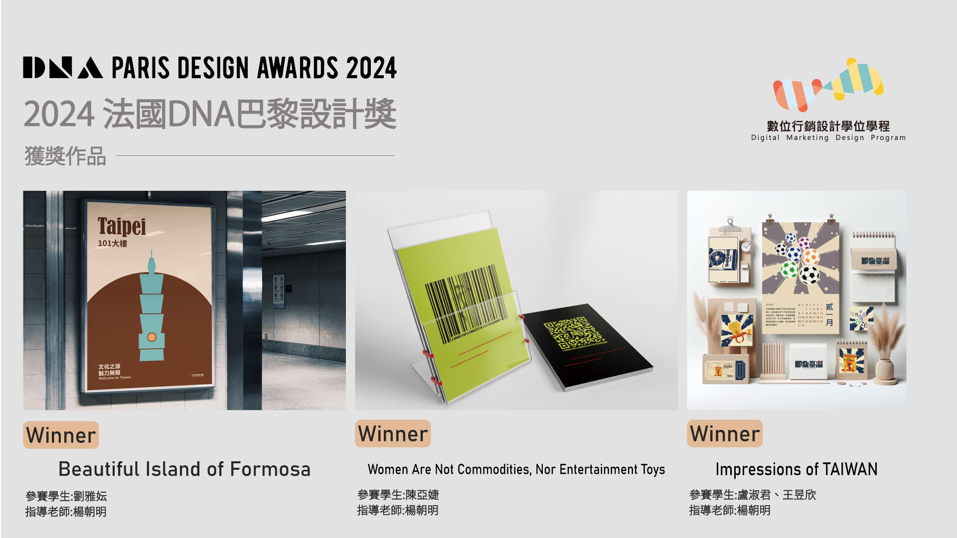 Congratulations! Under the guidance of Teacher Chao-Ming Yang, the students participated in the '2024 DNA Paris Design Awards: The Award 2024' and won 3 Winner awards.