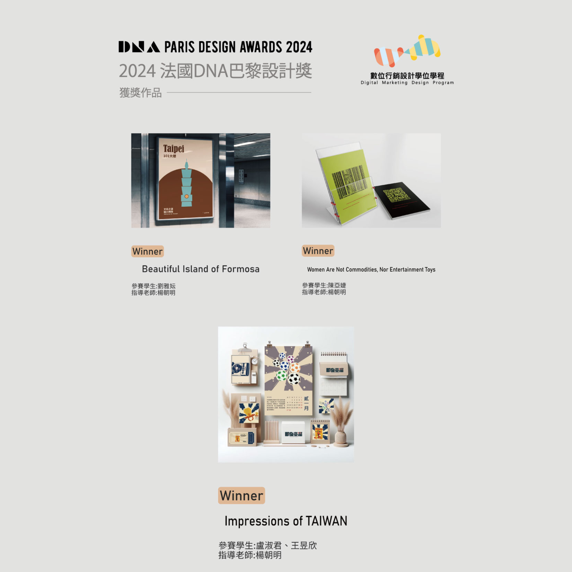 Congratulations! Under the guidance of Teacher Chao-Ming Yang, the students participated in the '2024 DNA Paris Design Awards: The Award 2024' and won 3 Winner awards.